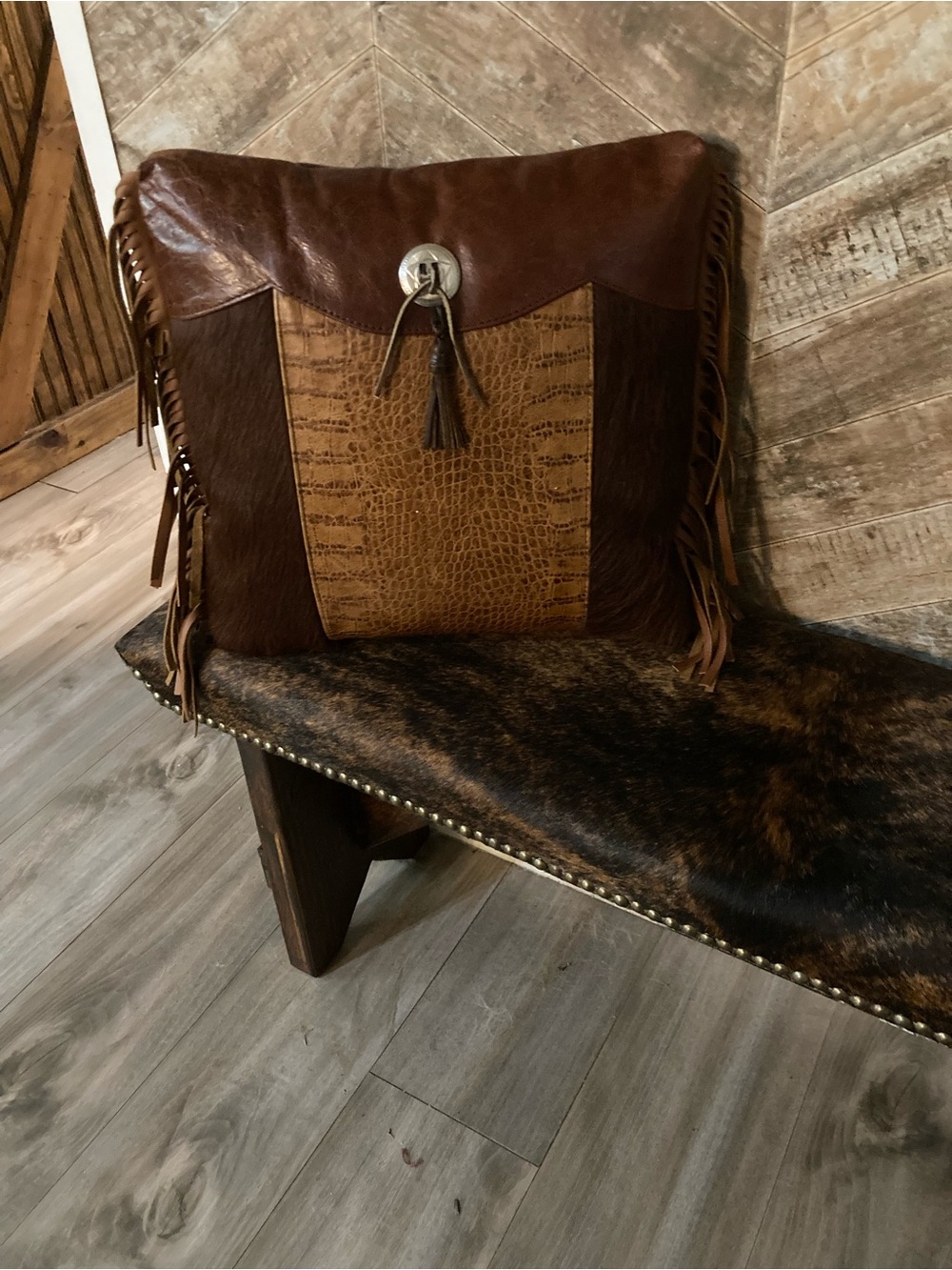 Western Cowhide & Crocodile Embossed Leather 15” Throw Pillow w/ Fringe